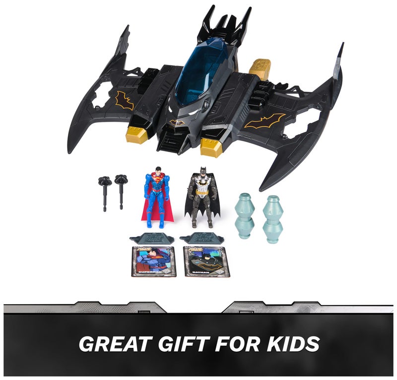 DC Comics, Metal Force Transforming Batwing, 2-in-1 Playset, Includes Batman and Superman Figures, with Projectiles and Character Cards, Kids Toy for Boys Ages 4 and Up - Image 2