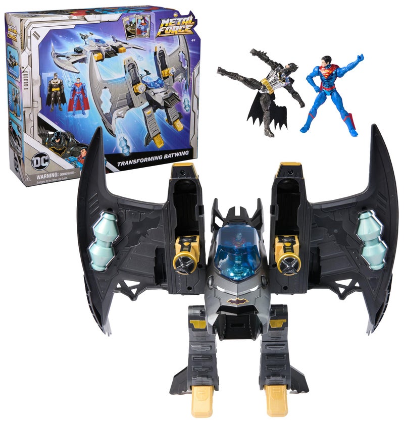 DC Comics, Metal Force Transforming Batwing, 2-in-1 Playset, Includes Batman and Superman Figures, with Projectiles and Character Cards, Kids Toy for Boys Ages 4 and Up - Image 1