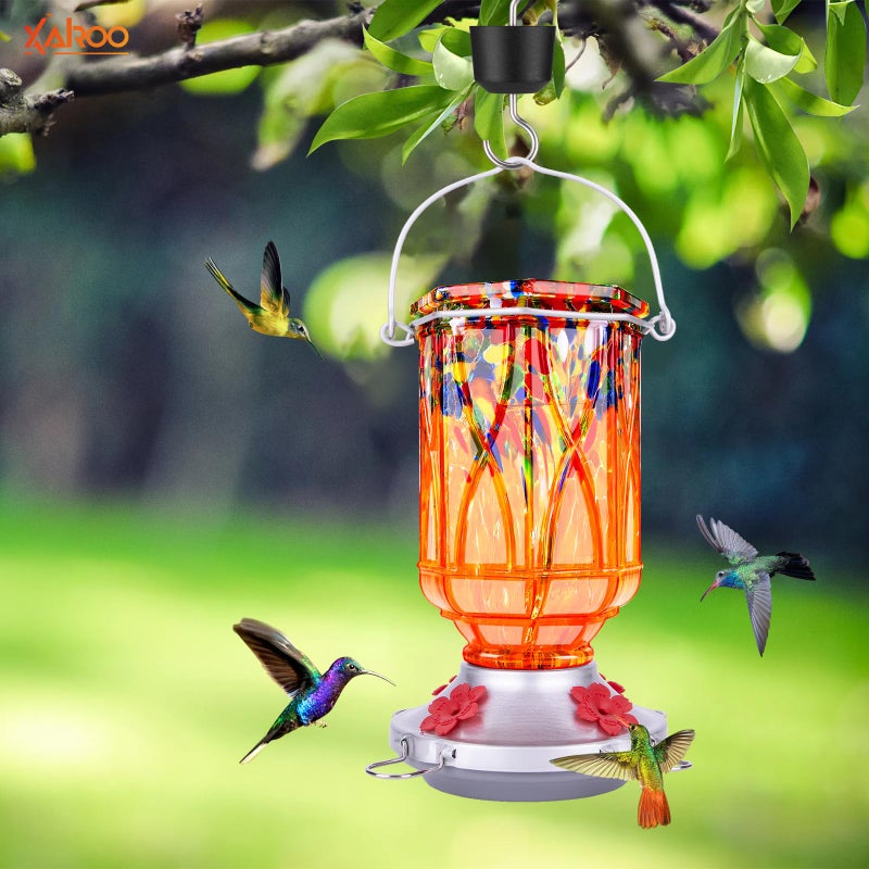 XAROO Hummingbird Feeders for Outdoors with Ant Moat, Hand Blown Glass Hummingbird Feeder, 4 Feeding Ports with Perch, Outdoor Garden DÃ©cor, 15 OZ, Orange - Image 2