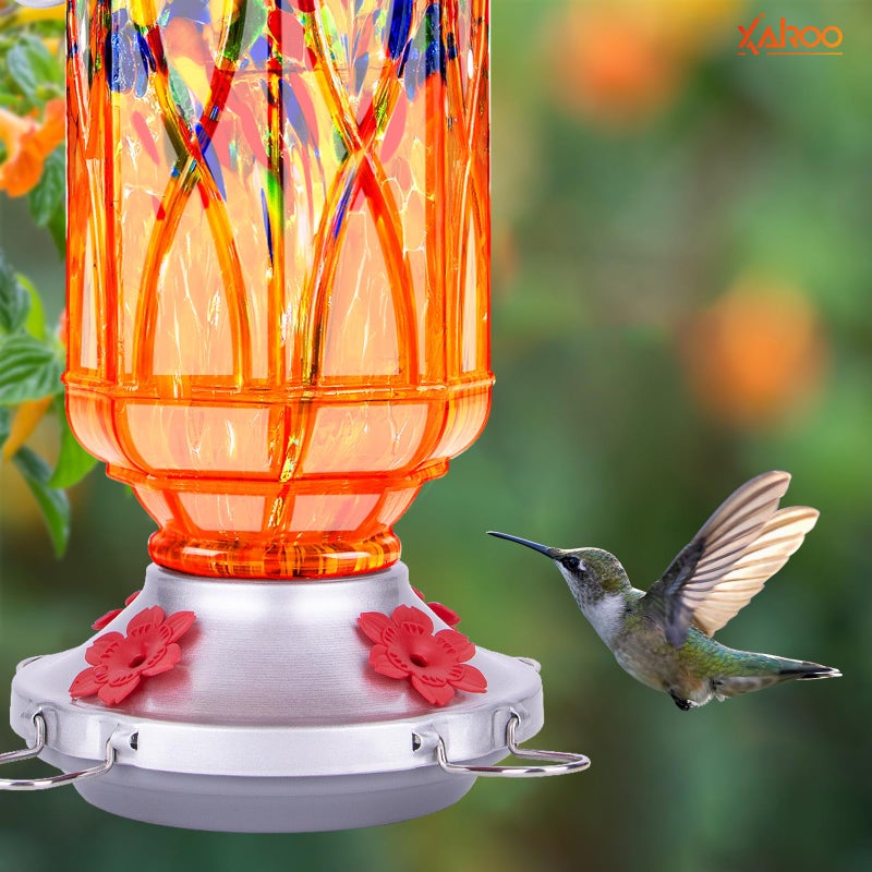XAROO Hummingbird Feeders for Outdoors with Ant Moat, Hand Blown Glass Hummingbird Feeder, 4 Feeding Ports with Perch, Outdoor Garden DÃ©cor, 15 OZ, Orange - Image 3
