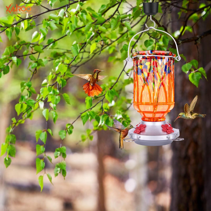 XAROO Hummingbird Feeders for Outdoors with Ant Moat, Hand Blown Glass Hummingbird Feeder, 4 Feeding Ports with Perch, Outdoor Garden DÃ©cor, 15 OZ, Orange - Image 4