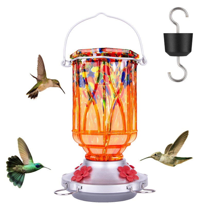 XAROO Hummingbird Feeders for Outdoors with Ant Moat, Hand Blown Glass Hummingbird Feeder, 4 Feeding Ports with Perch, Outdoor Garden DÃ©cor, 15 OZ, Orange - Image 1