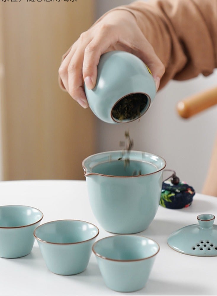 Chinese Style Portable Ceramic Travel Tea Set Storage Bag, One Pot, Three Cups, Essential Tea Maker for Outdoor Camping