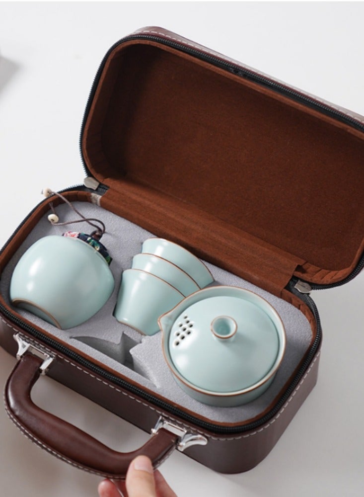 Chinese Style Portable Ceramic Travel Tea Set Storage Bag, One Pot, Three Cups, Essential Tea Maker for Outdoor Camping