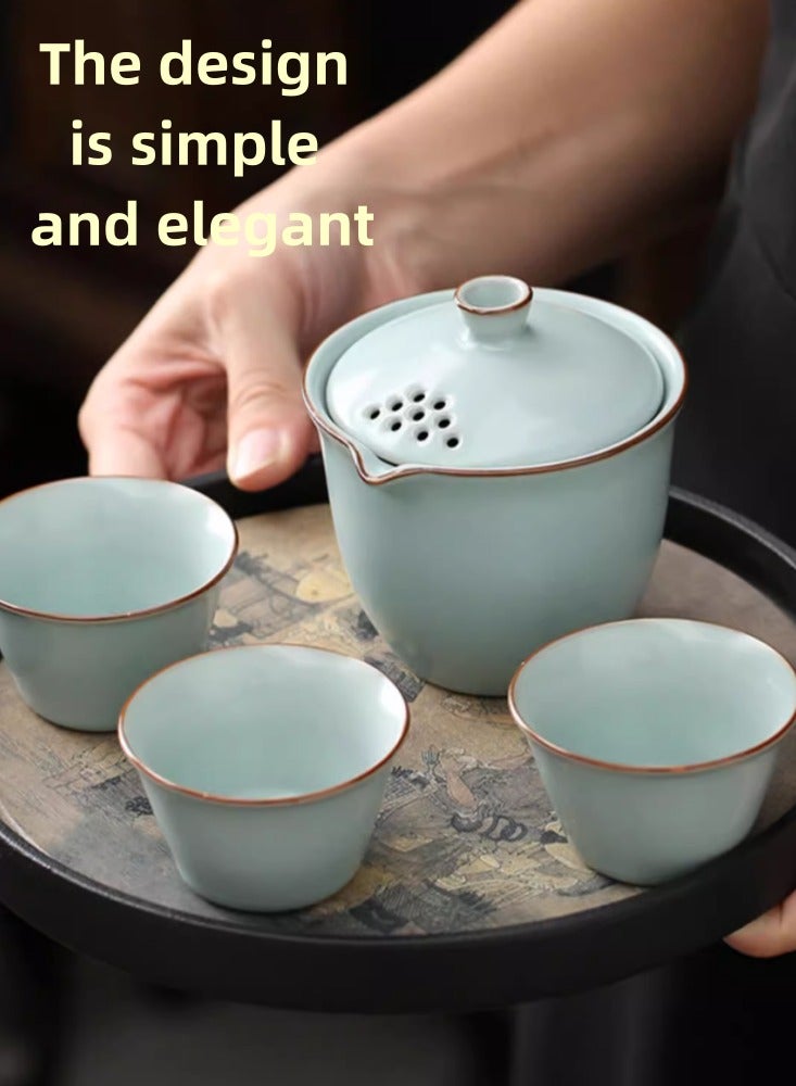 Chinese Style Portable Ceramic Travel Tea Set Storage Bag, One Pot, Three Cups, Essential Tea Maker for Outdoor Camping