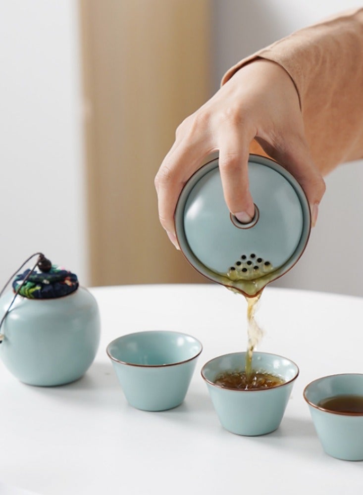Chinese Style Portable Ceramic Travel Tea Set Storage Bag, One Pot, Three Cups, Essential Tea Maker for Outdoor Camping