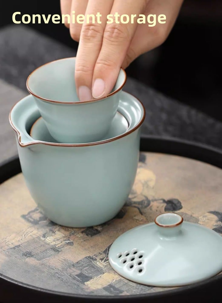 Chinese Style Portable Ceramic Travel Tea Set Storage Bag, One Pot, Three Cups, Essential Tea Maker for Outdoor Camping
