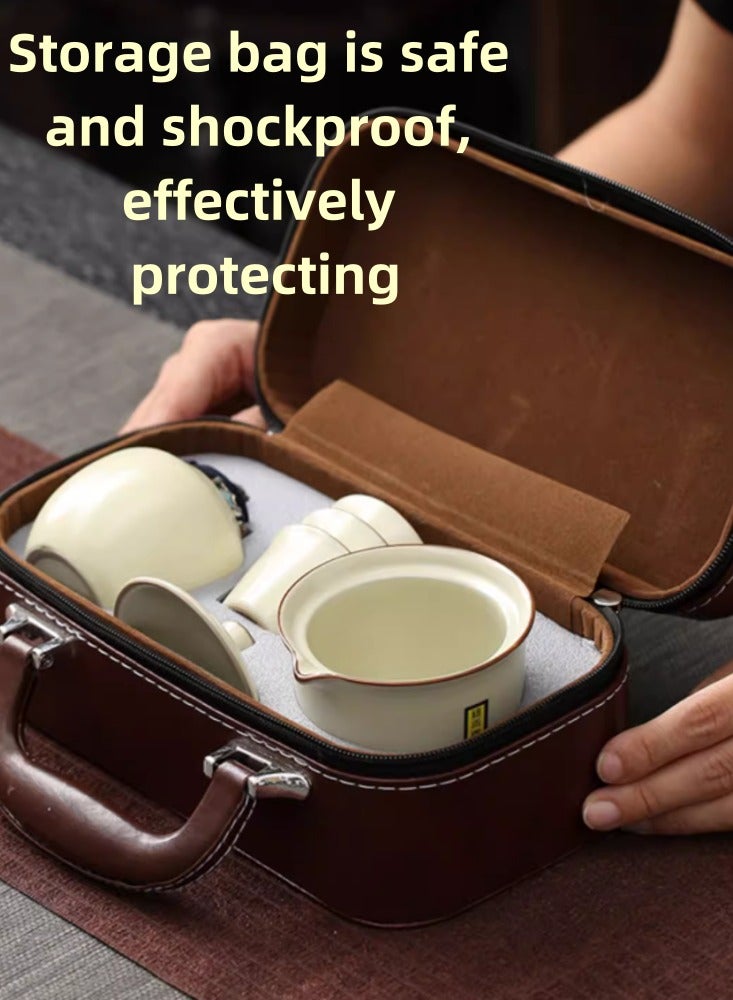Chinese Style Portable Ceramic Travel Tea Set Storage Bag, One Pot, Three Cups, Essential Tea Maker for Outdoor Camping