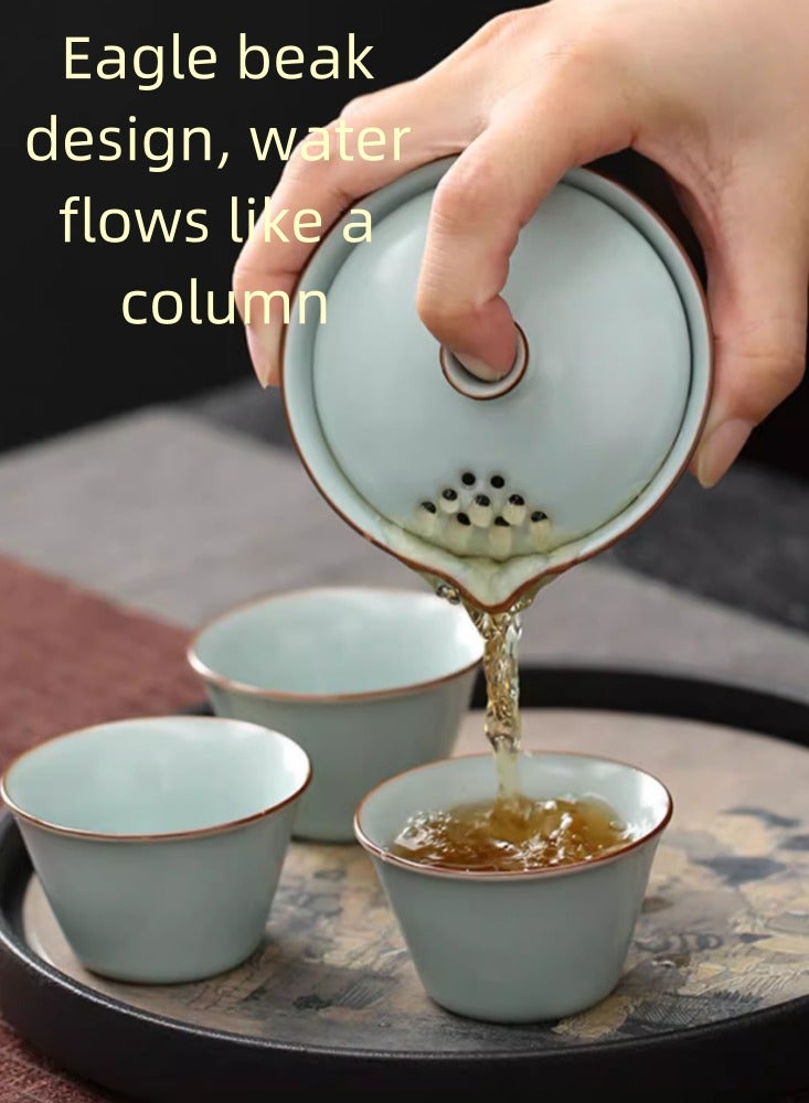 Chinese Style Portable Ceramic Travel Tea Set Storage Bag, One Pot, Three Cups, Essential Tea Maker for Outdoor Camping