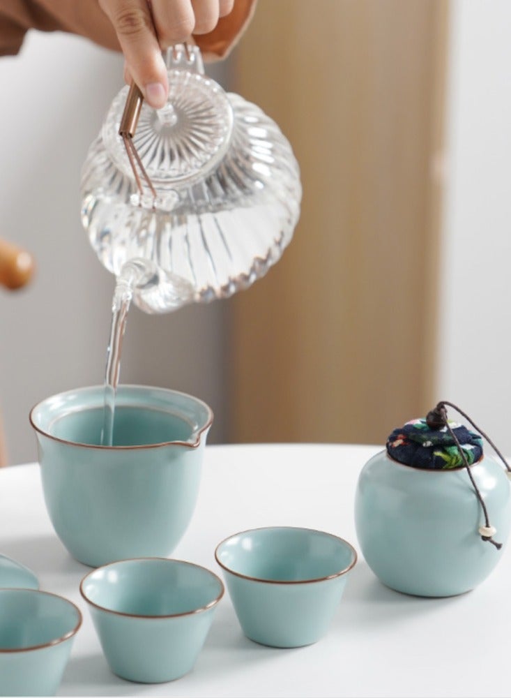 Chinese Style Portable Ceramic Travel Tea Set Storage Bag, One Pot, Three Cups, Essential Tea Maker for Outdoor Camping