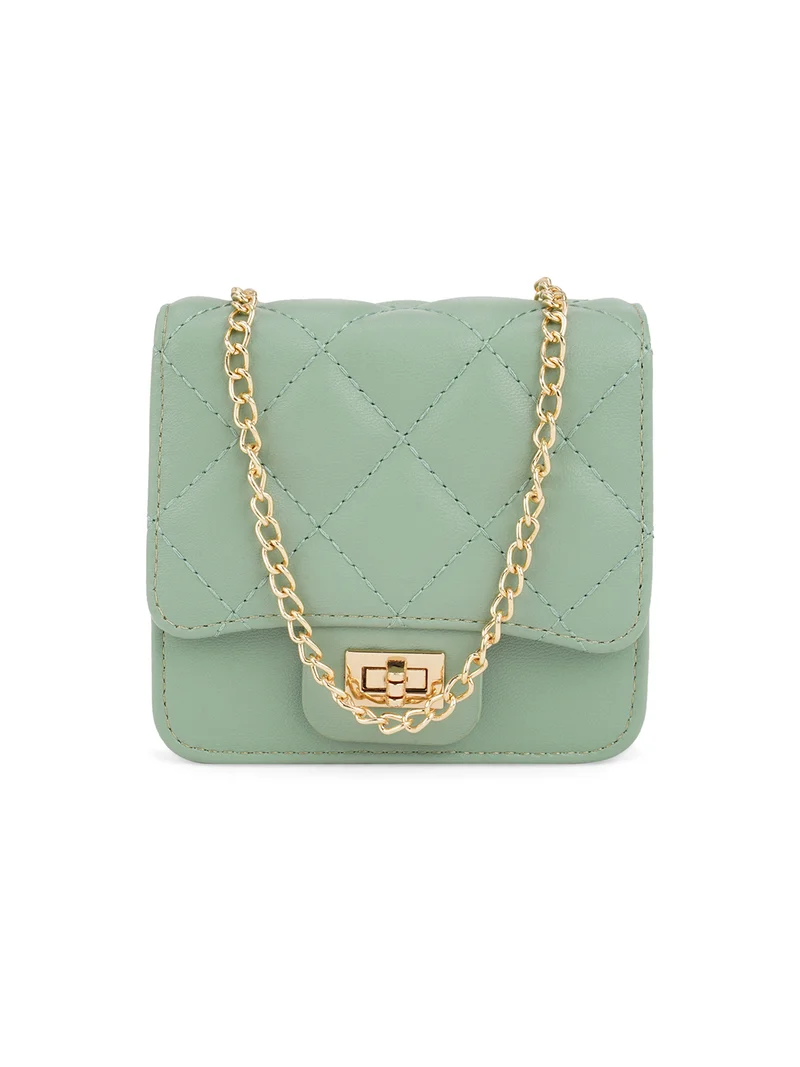 Globus Women Sea Green Puffed Quilted Twistlock Small Square Party Sling Bag With Detachable Chain Strap