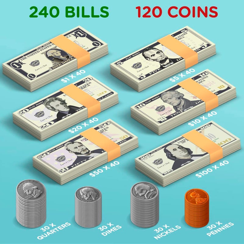 Learn & Climb Play Money Set for Kids, Fake Money for Pretend Play – Looks Real, Best Toy Money for Play and Learning – Kit Includes: Bills, Coins, Credit Card, and Checkbook - Image 2