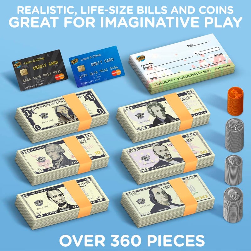 Learn & Climb Play Money Set for Kids, Fake Money for Pretend Play – Looks Real, Best Toy Money for Play and Learning – Kit Includes: Bills, Coins, Credit Card, and Checkbook - Image 3