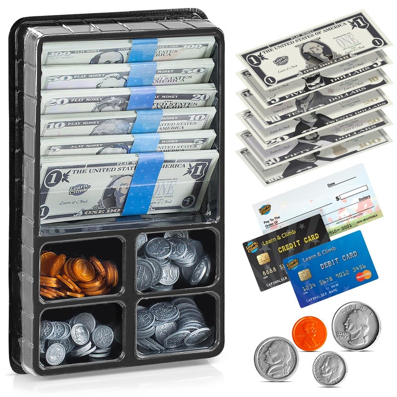 Learn & Climb Play Money Set for Kids, Fake Money for Pretend Play – Looks Real, Best Toy Money for Play and Learning – Kit Includes: Bills, Coins, Credit Card, and Checkbook - Image 1