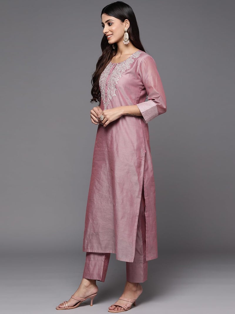 Varanga Women Pink Zari Embroidered A-Line Kurta with Bottom and Dupatta – Kurti Set with Dupatta for Women (Large)-Celebrate Diwali & Chhath Pooja - Image 2