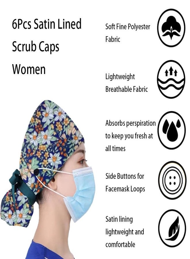 LZDGCC 6Pcs Satin Lined Scrub Caps Women Ponytail, Adjustable Surgical Caps for Women, Scrub Hats, Nurse Cap, Nurse Surgical Hat with Button and Sweatband, Elastic Ponytail Pouch Tie Back - Image 3
