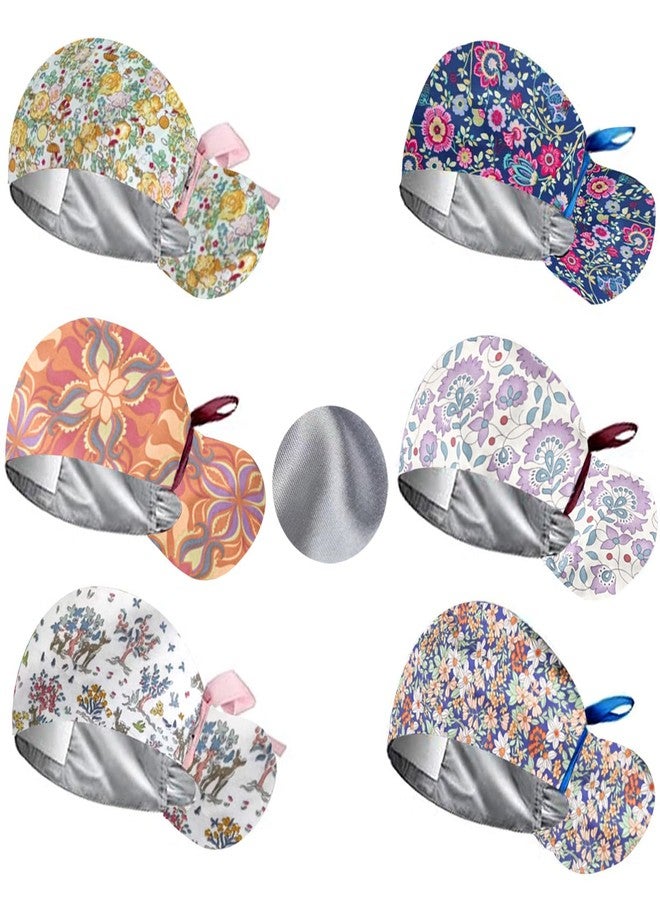 LZDGCC 6Pcs Satin Lined Scrub Caps Women Ponytail, Adjustable Surgical Caps for Women, Scrub Hats, Nurse Cap, Nurse Surgical Hat with Button and Sweatband, Elastic Ponytail Pouch Tie Back - Image 1