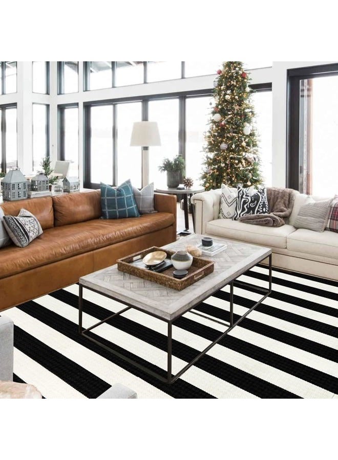 LEEVAN Black and White Striped Area Rug 5' x 8' Indoor Outdoor Rug Washable Woven Farmhouse Fabric Porch Front Outdoor Rug for Living Room Large Cotton Floor Carpet - Image 2