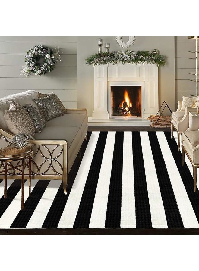 LEEVAN Black and White Striped Area Rug 5' x 8' Indoor Outdoor Rug Washable Woven Farmhouse Fabric Porch Front Outdoor Rug for Living Room Large Cotton Floor Carpet - Image 1