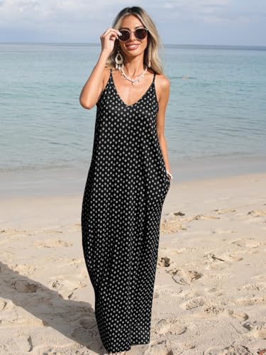 Poetsky Women's Casual Dress Summer V Neck Sleeveless Long Dress with Pockets Black Print S - Image 2