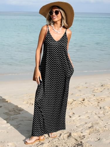 Poetsky Women's Casual Dress Summer V Neck Sleeveless Long Dress with Pockets Black Print S - Image 3