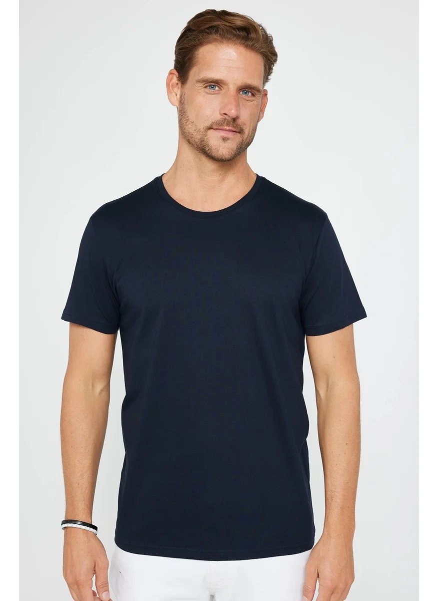 Tudors Men's Slim Fit Narrow Cut Crew Neck Organic Cotton Soft Textured Short Sleeve Navy Blue T-Shirt