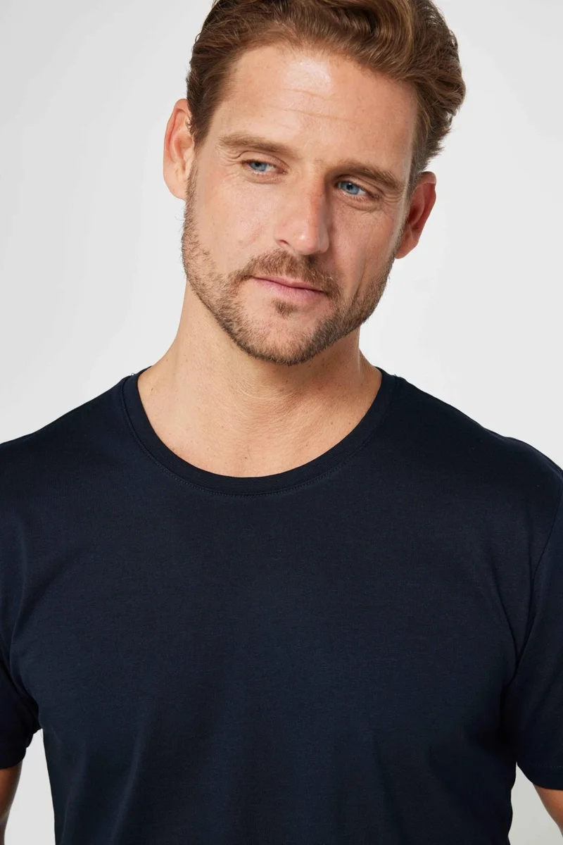 Tudors Men's Slim Fit Narrow Cut Crew Neck Organic Cotton Soft Textured Short Sleeve Navy Blue T-Shirt