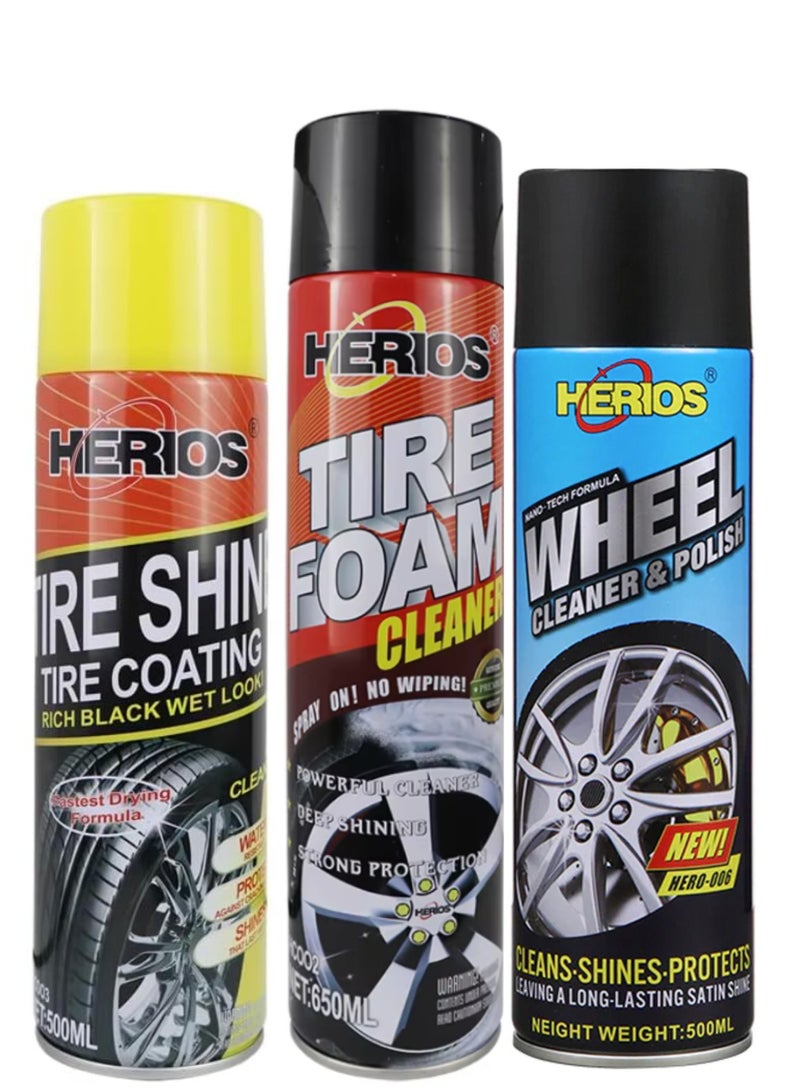 Herios Car Care Kit, Tire Foam Cleaner, Tire Shine Coating and Wheel Cleaner, 500ml, 3-Piece Set - Image 1