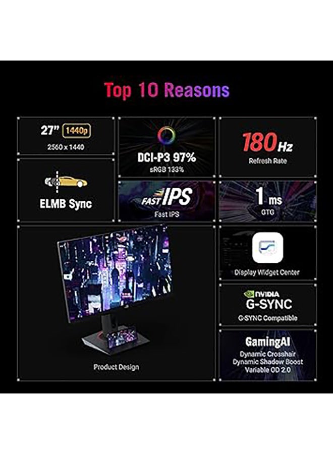 أسوس شاشة الألعاب ROG Strix مقاس 27 بوصة QHD HDR400 USB-C (XG27ACS) - 2560 × 1440، 180 هرتز، 1 مللي ثانية، IPS سريع، 133% sRGB، مزامنة ضبابية الحركة المنخفضة للغاية، متوافقة مع G-Sync، DisplayWidget، مقبس ثلاثي القوائم، ضمان لمدة 3 سنوات - Image 3