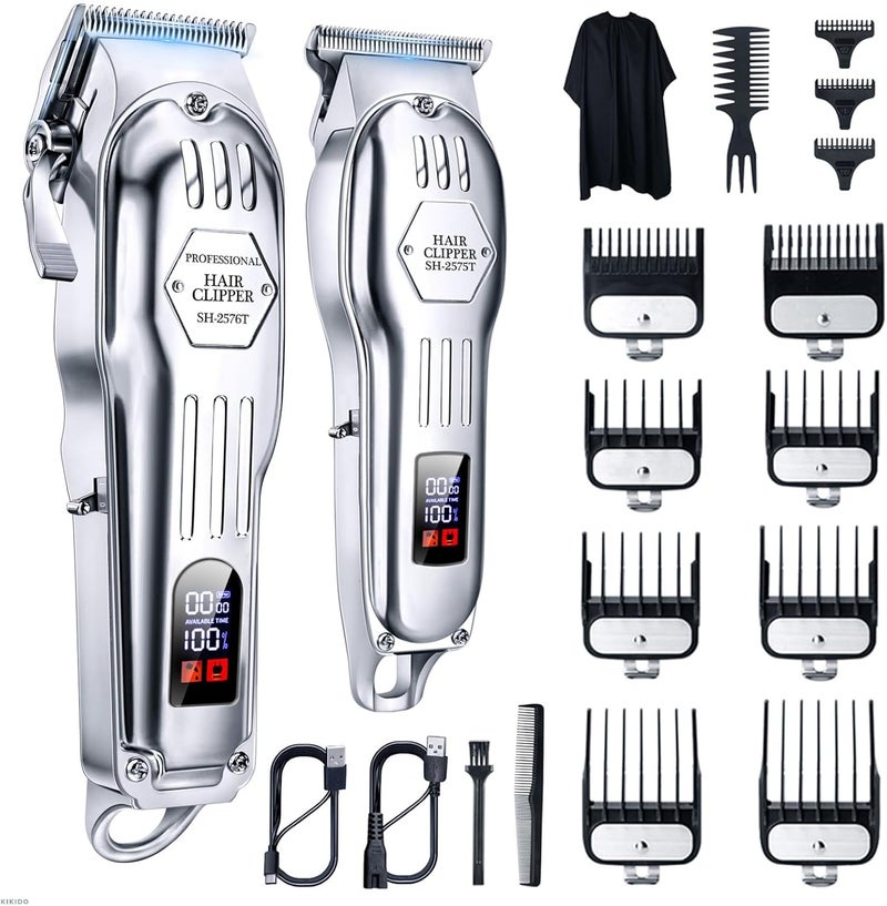 KIKIDO Hair Clippers Professional Cordless for Men Barber Clippers for Hair Cutting Kit Wireless LCD Display Hair Trimmers Set Rechargeable Haircut Machine for Family Sliver