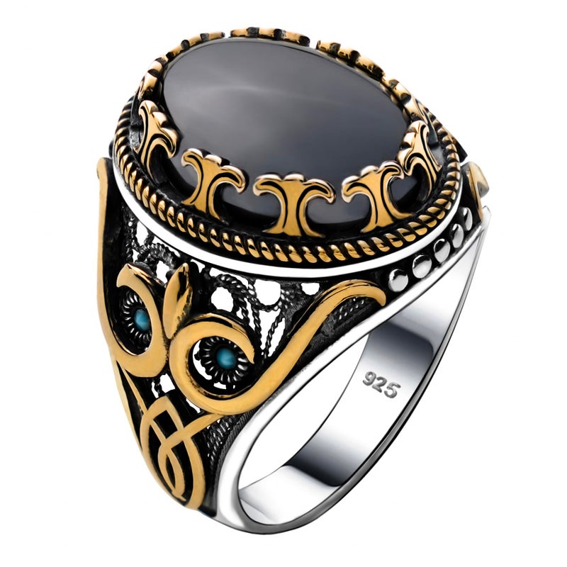 Genuine Solid 925 Sterling Silver Accented with Bronze Faceted Simulated Hematite Stone Authentic Vintage Turkish Ottoman Style Ring for Men Simulated Hematite 9