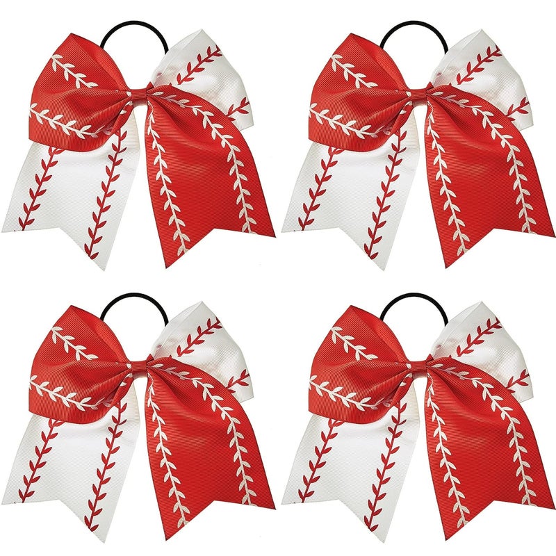 MTLEE 4 Pieces Softball Baseball Hair Bows 65 Inch Large Bow Ponytail Holders with Elastic Hair Ties for Teen Girl Sports Competition White Red