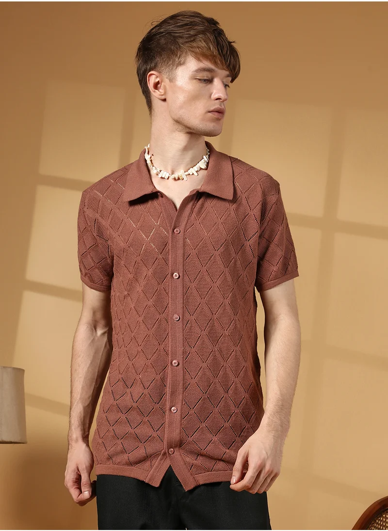 كامبوس سوترا Men's Sienna Brown Rhombus-Knit Slim-Fit Shirt