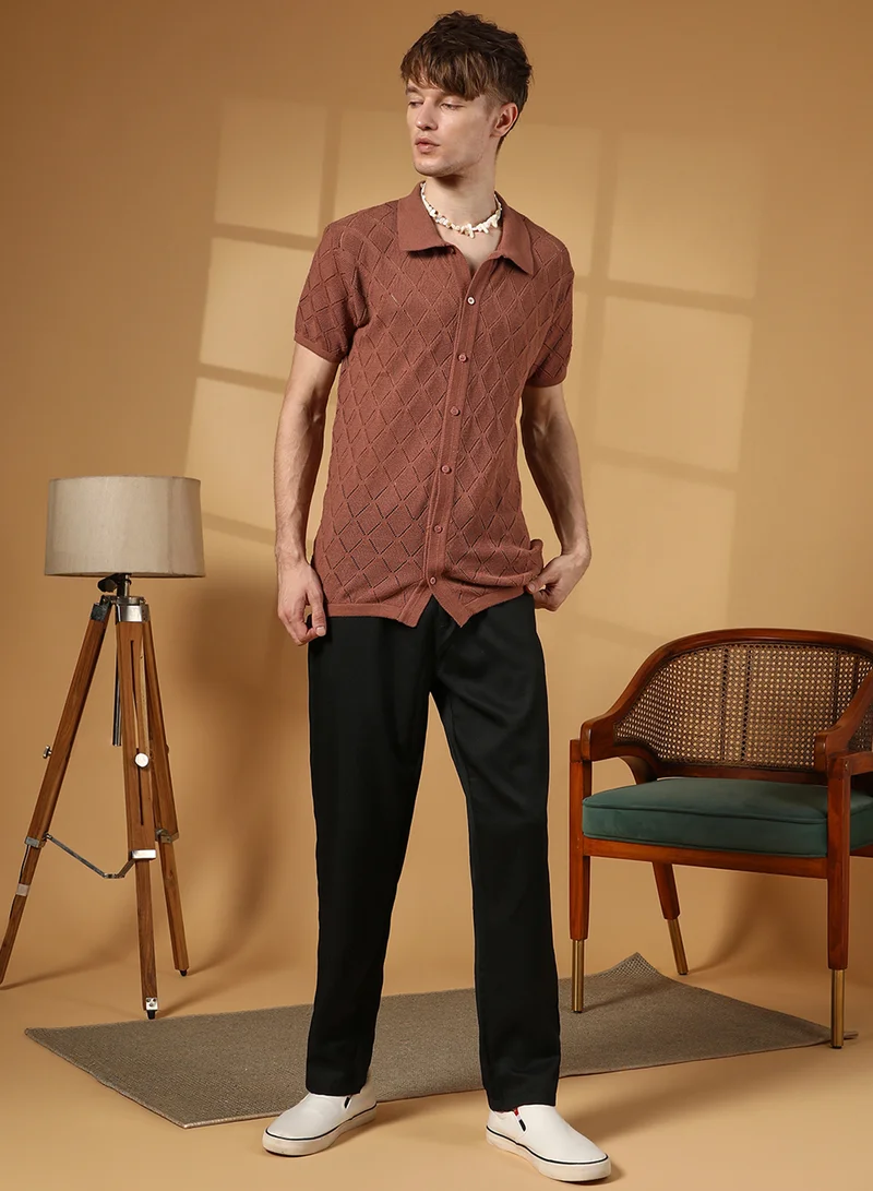Campus Sutra Men's Sienna Brown Rhombus-Knit Slim-Fit Shirt