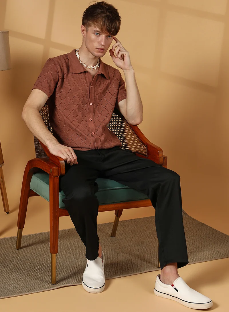 Campus Sutra Men's Sienna Brown Rhombus-Knit Slim-Fit Shirt