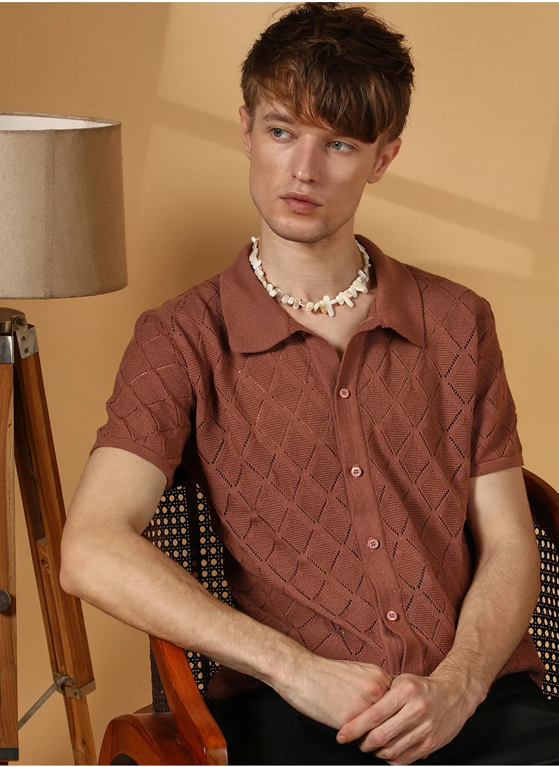 كامبوس سوترا Men's Sienna Brown Rhombus-Knit Slim-Fit Shirt