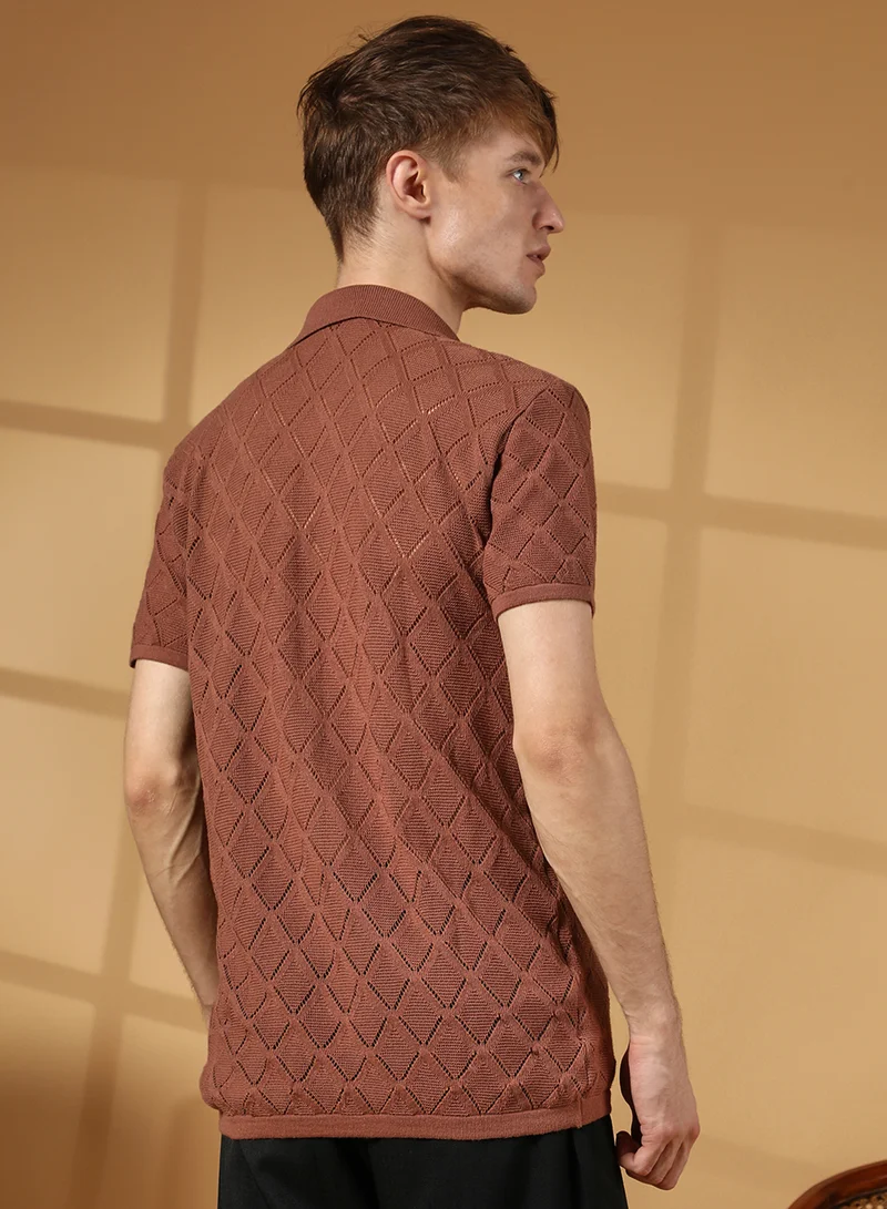 Campus Sutra Men's Sienna Brown Rhombus-Knit Slim-Fit Shirt