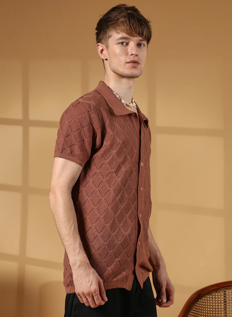 Campus Sutra Men's Sienna Brown Rhombus-Knit Slim-Fit Shirt