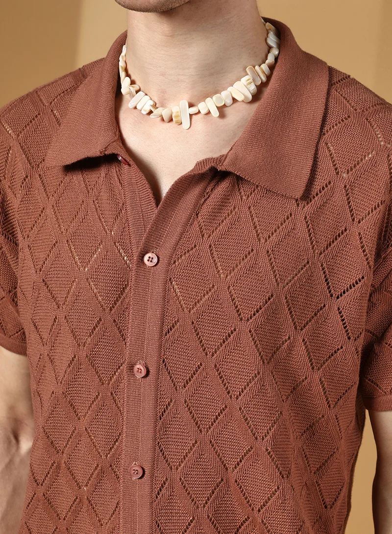 Campus Sutra Men's Sienna Brown Rhombus-Knit Slim-Fit Shirt