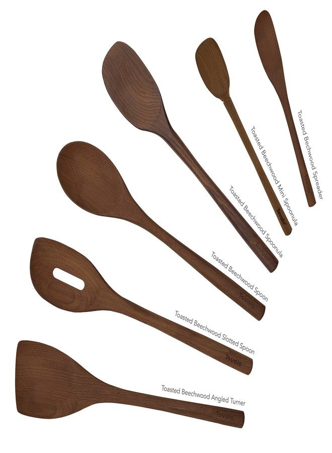 Tovolo Beechwood Cooking Utensils for Cooking Baking Meal Prep Set of 6 Wooden Turner Mixing Slotted Spoon Sandwich Spreader Spoonula Bundle, Long Handle Beechwood Wooden Kitchen Cooking Utensils - Image 2