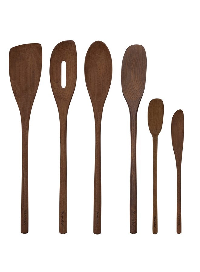 Tovolo Beechwood Cooking Utensils for Cooking Baking Meal Prep Set of 6 Wooden Turner Mixing Slotted Spoon Sandwich Spreader Spoonula Bundle, Long Handle Beechwood Wooden Kitchen Cooking Utensils - Image 1