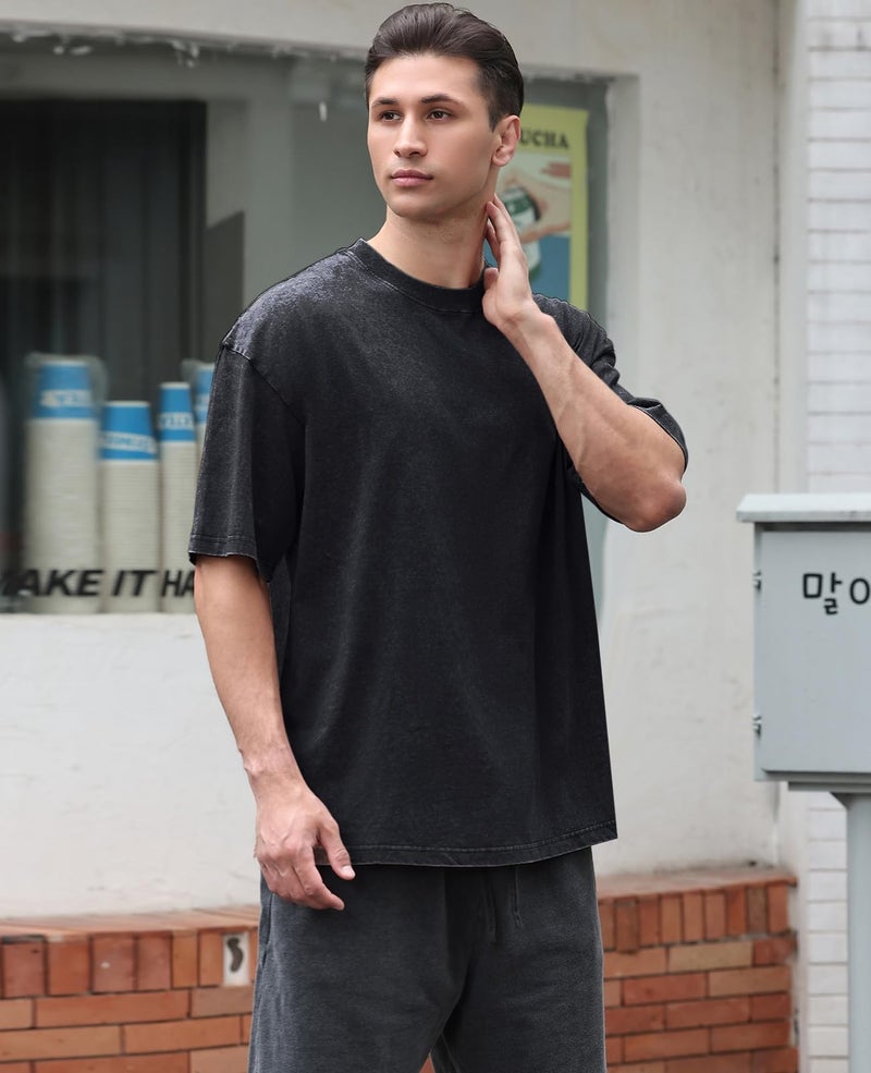 KEEPSHOWING 3 Pcs Oversized Heavy Cotton Summer T-Shirts Vintage Unisex Short Sleeves Casual Loose Basic Tops(A-Coffee+Grey+Black S) - Image 5