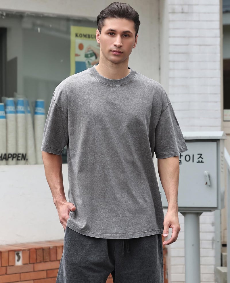 KEEPSHOWING 3 Pcs Oversized Heavy Cotton Summer T-Shirts Vintage Unisex Short Sleeves Casual Loose Basic Tops(A-Coffee+Grey+Black S) - Image 3