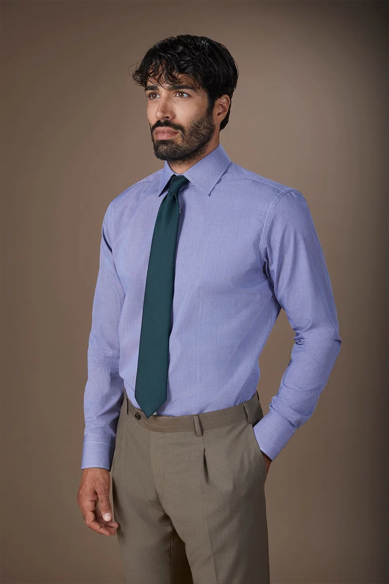 Men's shirt with classic collar in 100% cotton woven micro houndstooth pattern - Dk Blue