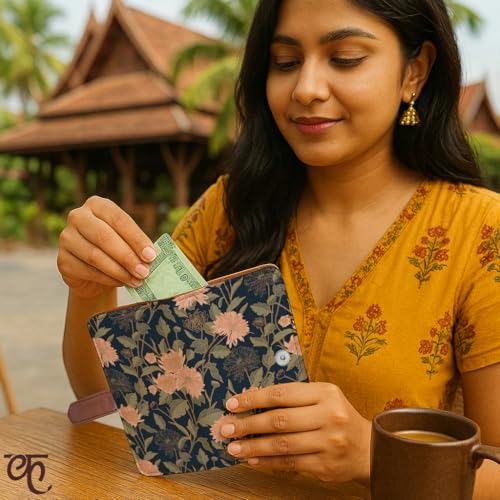 Kalankit Passport Wallet for Women | Vegan Leather Bi-Fold Long Wallet & Travel Purse | Valentine Gift for Her, Valentine Gifts for Women | Chrysanthemum Floral (Blue) - Image 2
