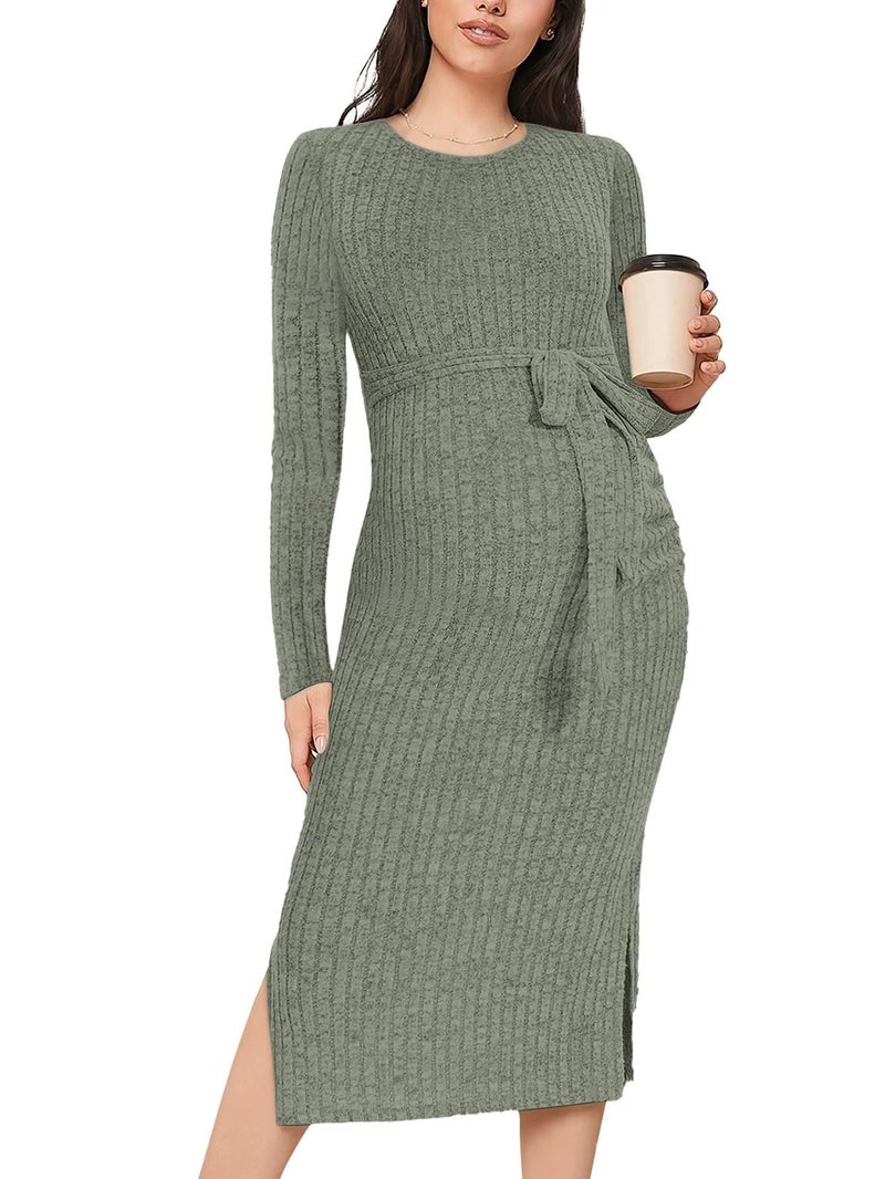 guruixu Crewneck Maternity Sweater Dress Rib Knit Long Sleeve Photoshoot Baby Shower Dresses Slit Pregnancy Sweater Clothes - Image 1