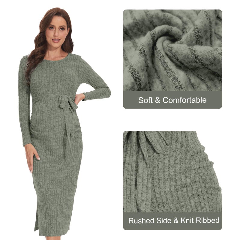 guruixu Crewneck Maternity Sweater Dress Rib Knit Long Sleeve Photoshoot Baby Shower Dresses Slit Pregnancy Sweater Clothes - Image 3