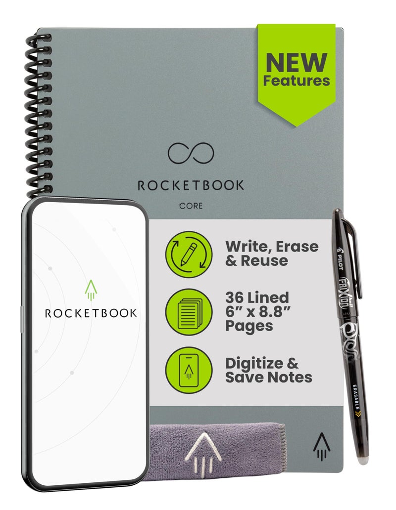 Rocketbook Core Reusable Smart Notebook, Lined Pages For School, Work and Creative Projects, Executive Size 6x8.8, Gray- Premium - Image 1