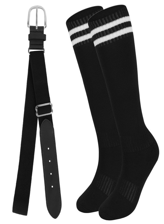 KIUEZIR Black Baseball Socks and Belt Set with White Stripe for Adult - Adjustable Elastic Belt & Knee High Athletic Socks for Competitive Play - Image 1
