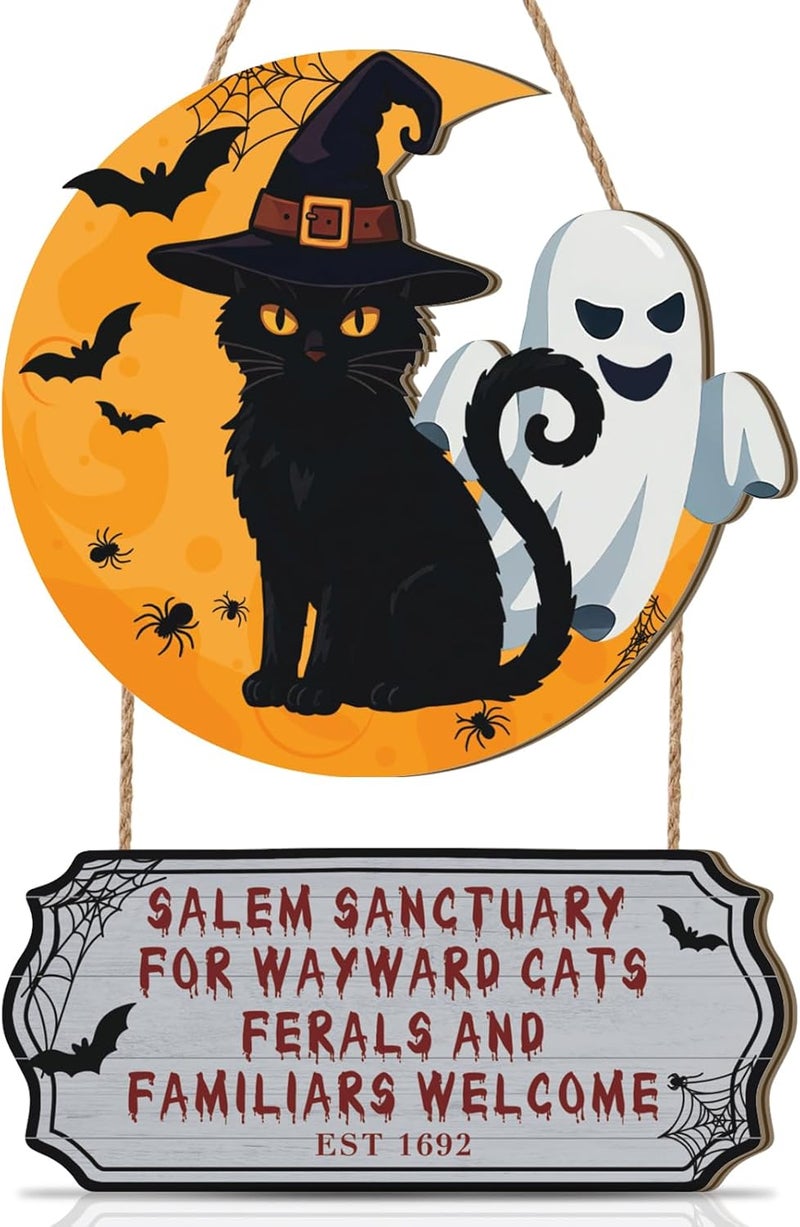 Aurlan Halloween Door Sign Cat,Black Cat Halloween Wall Decor,Spooky Ghost Door Decor,Moon Black Cats Ghost Wooden Hanging for Haunted House Outdoor Indoor Porch Room Yard - Image 1